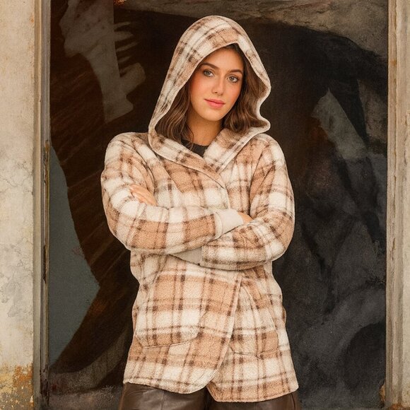 🆕️Boho Chic Plaid Fuzzy Hooded Jacket 100% Polyester Soft Plush Fall Layer Sz L - Picture 7 of 7